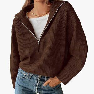 Women’s Casual Long Sleeve Half Zip Pullover Sweaters Solid V Neck Collar Ribbed